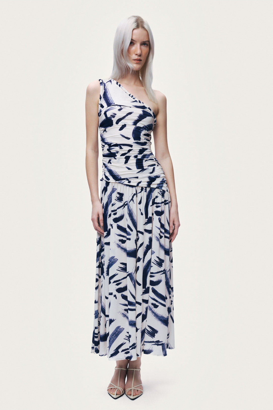 Printed One-Shoulder Draped Midi Dress