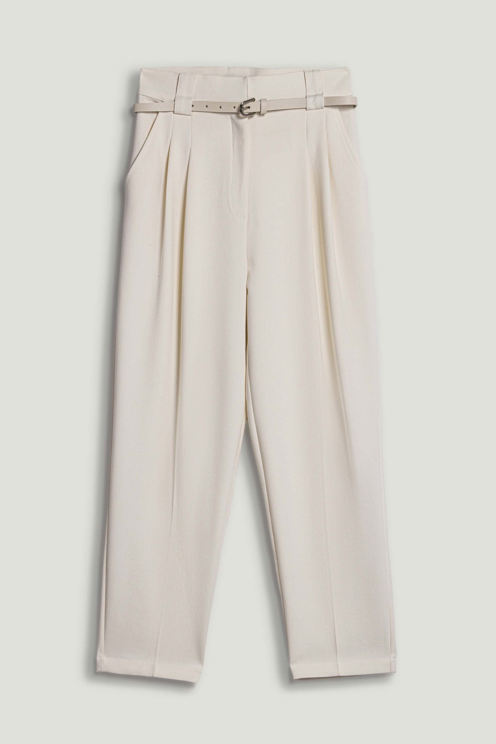 Ecru Belted Pleat Front Tapered Trousers
