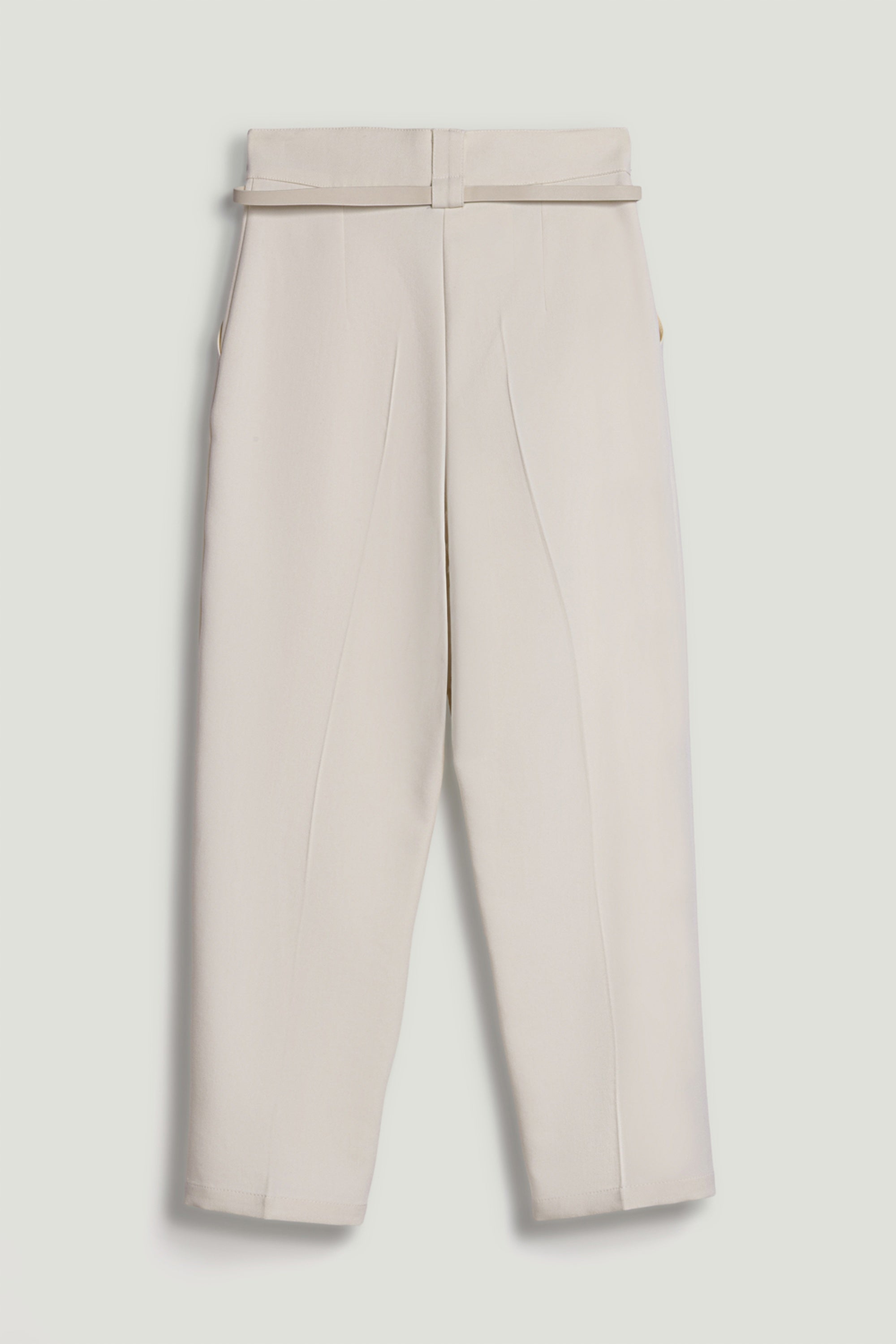 Ecru Belted Pleat Front Tapered Trousers