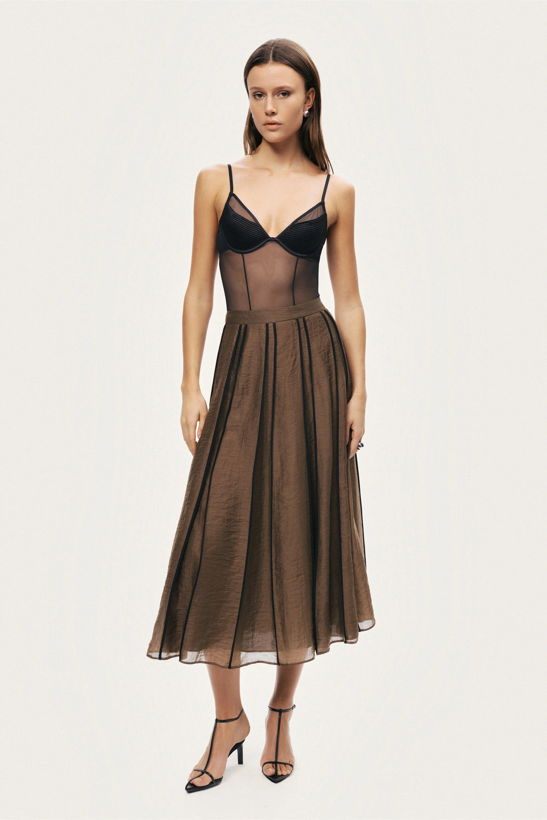 Sheer Pleated Midi Skirt