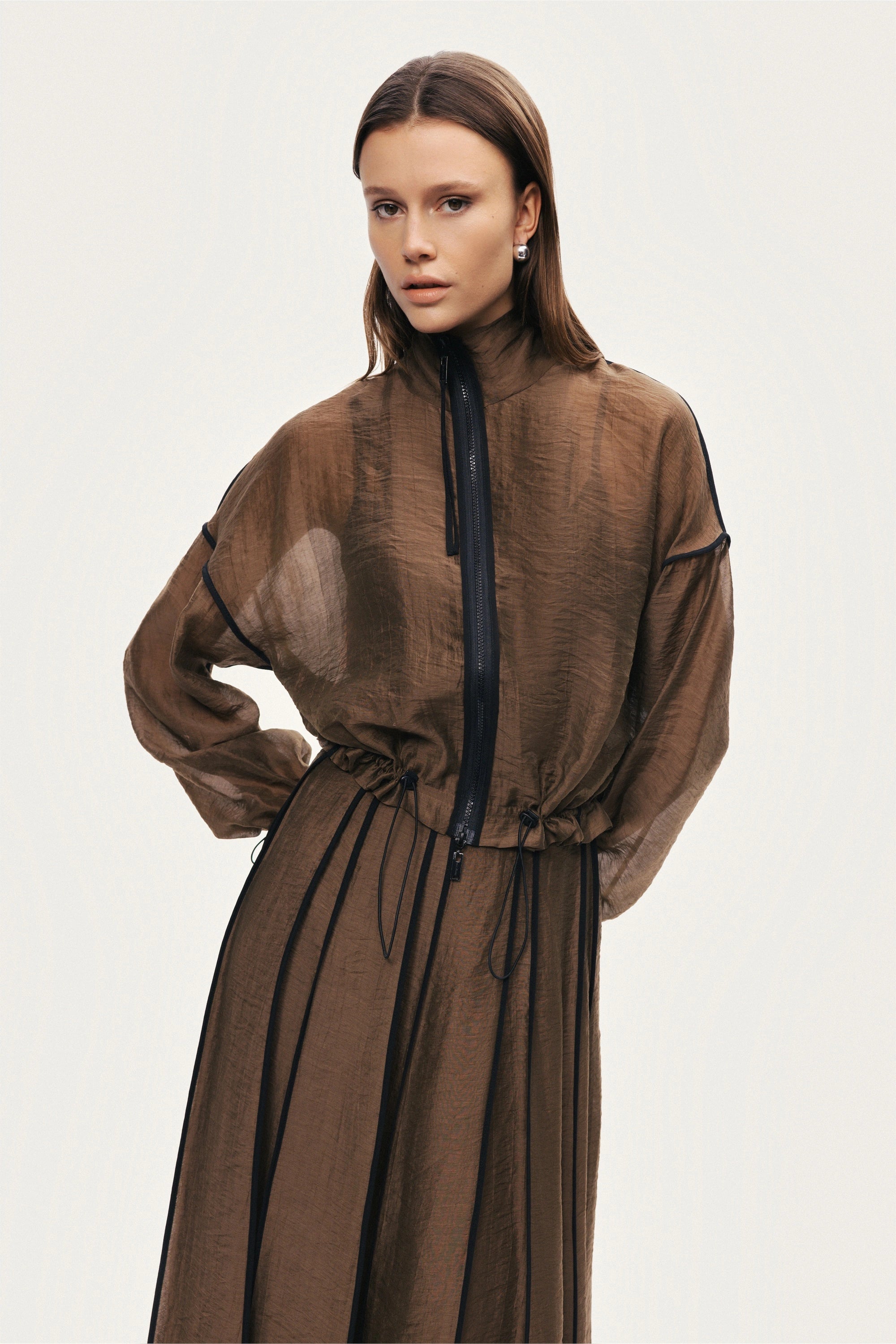 Sheer Pleated Midi Skirt