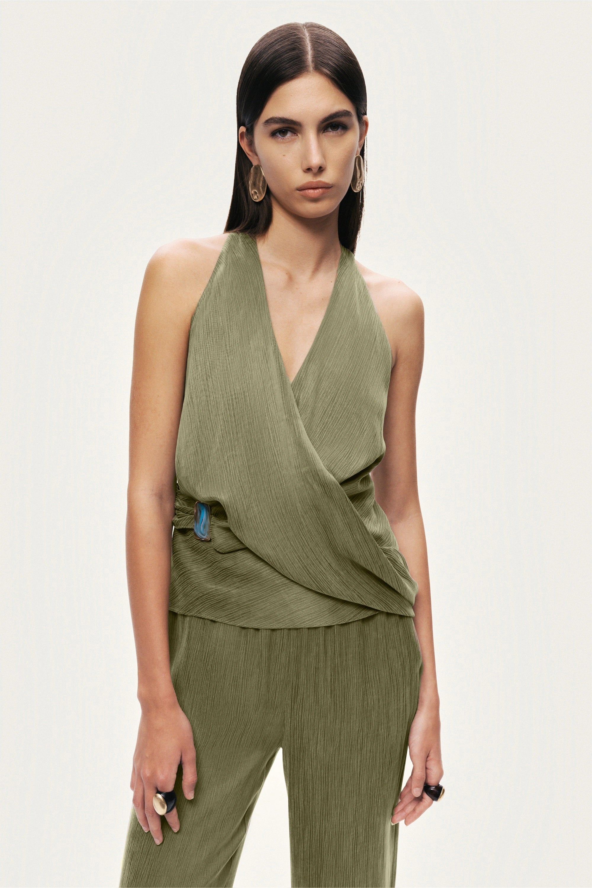 Asymmetric Halter Wrap Top