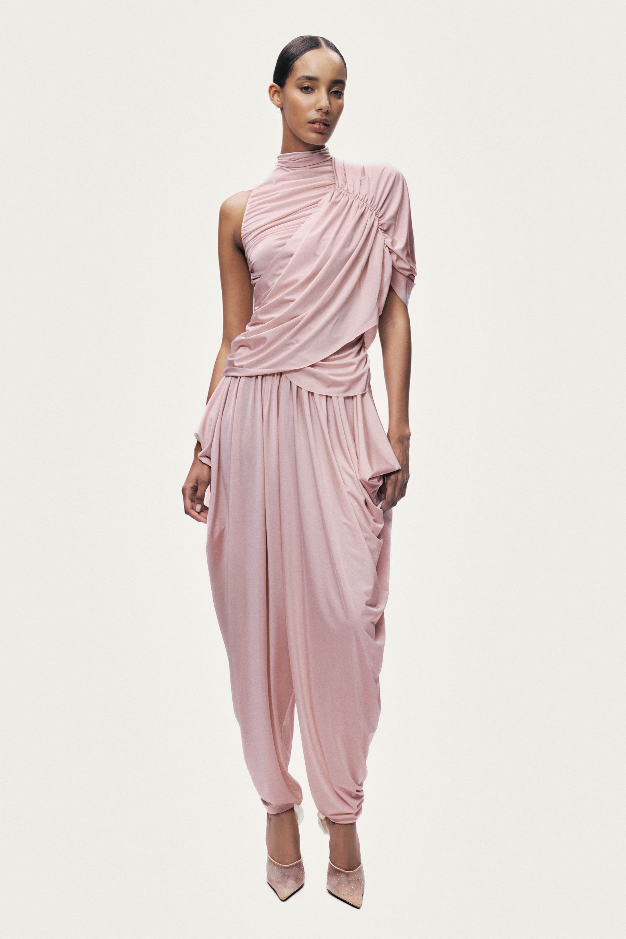 Asymmetric Sleeve Draped Blouse