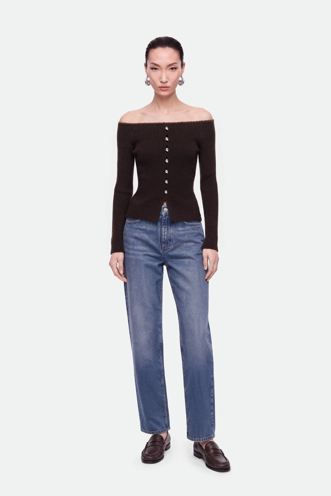 Off-Shoulder Ribbed Knit Cardigan