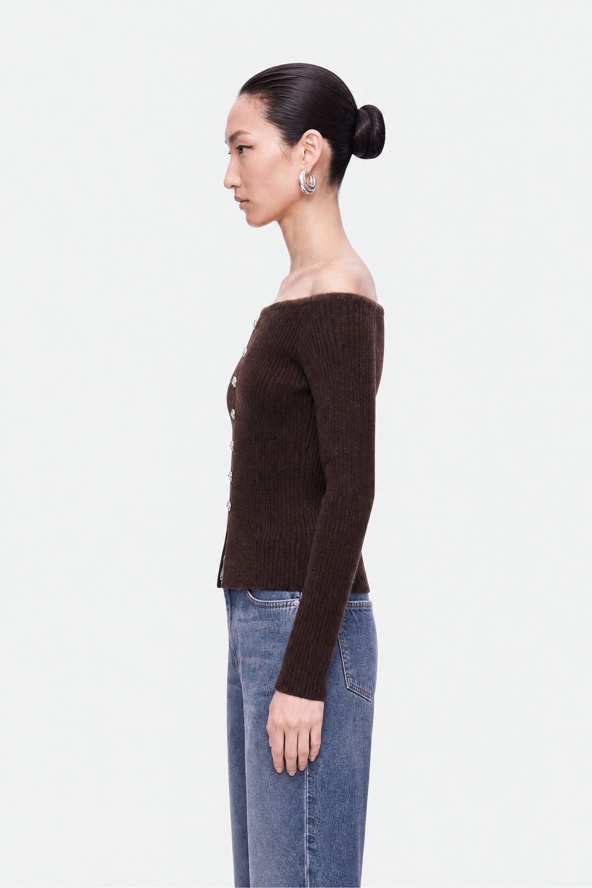 Off-Shoulder Ribbed Knit Cardigan
