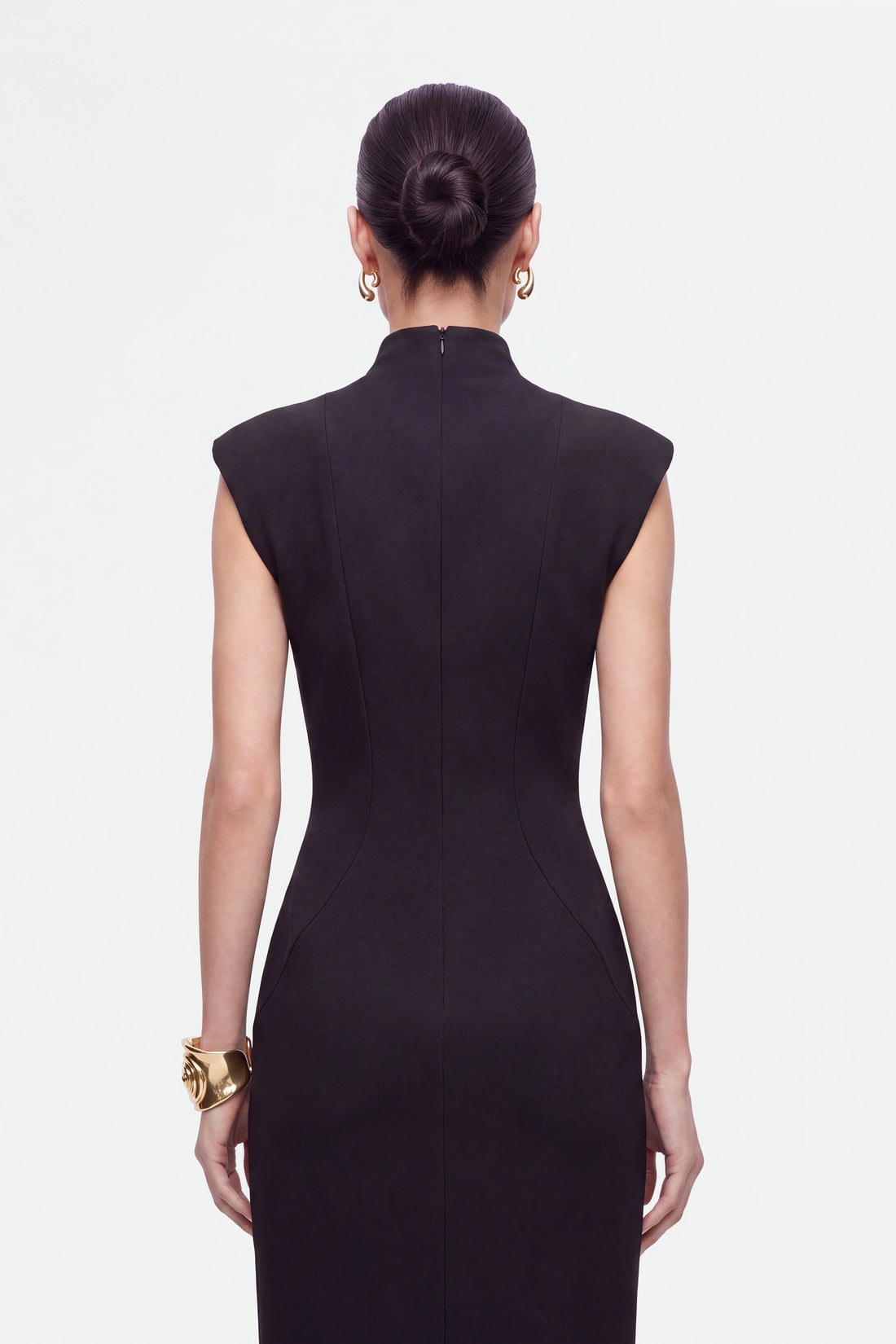 Padded Shoulder Button Detail Maxi Dress