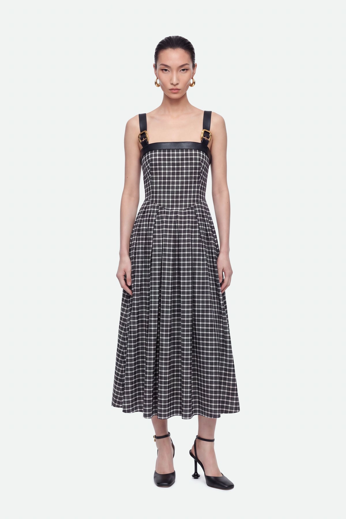 Buckle Strap Checked Midi Dress