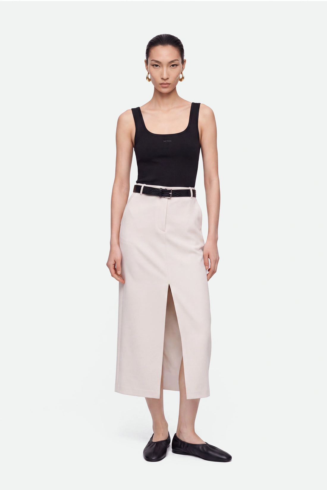 Belted Front Slit Maxi Skirt