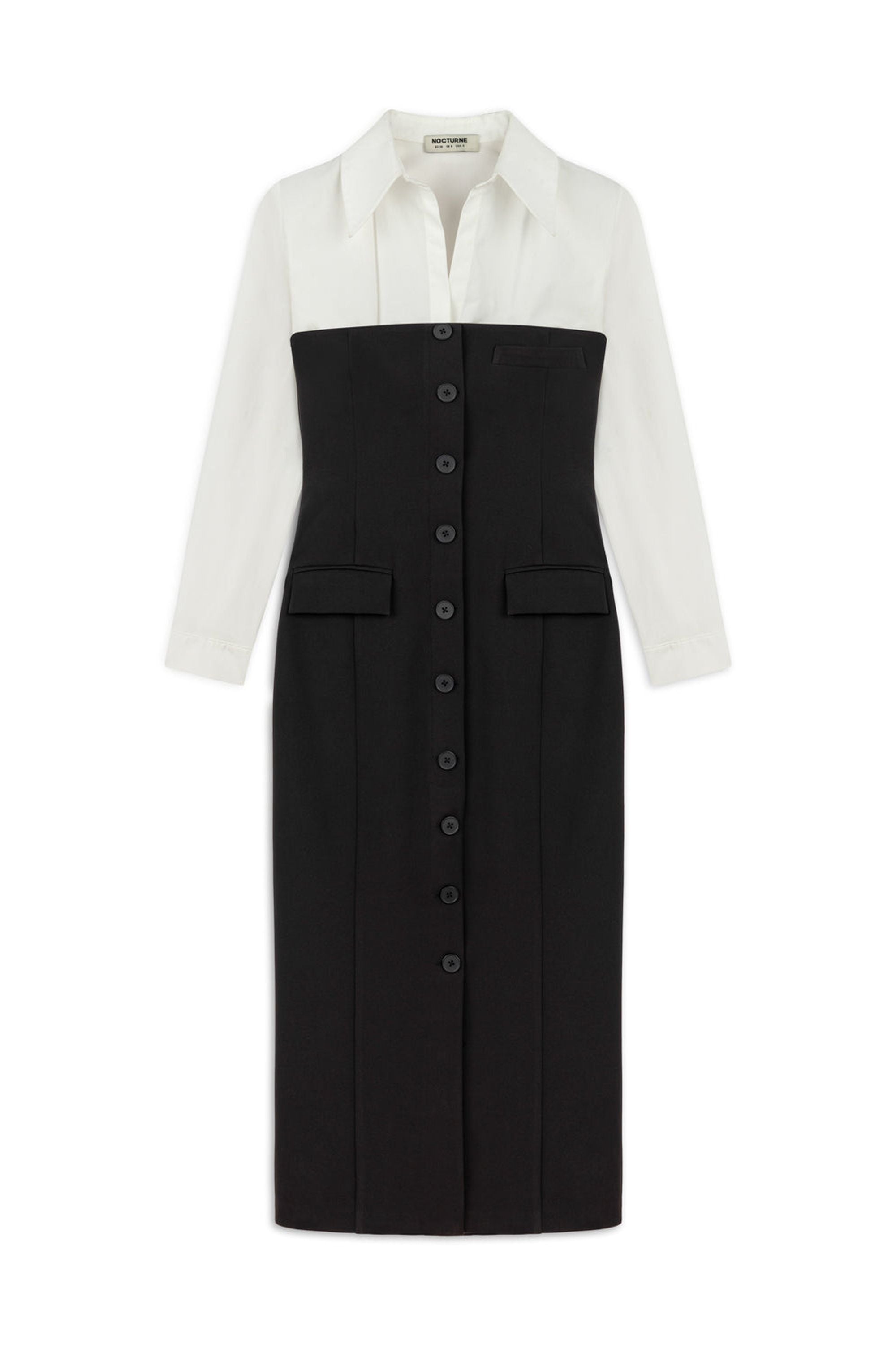 Black and White Shirt Detail Midi Dress