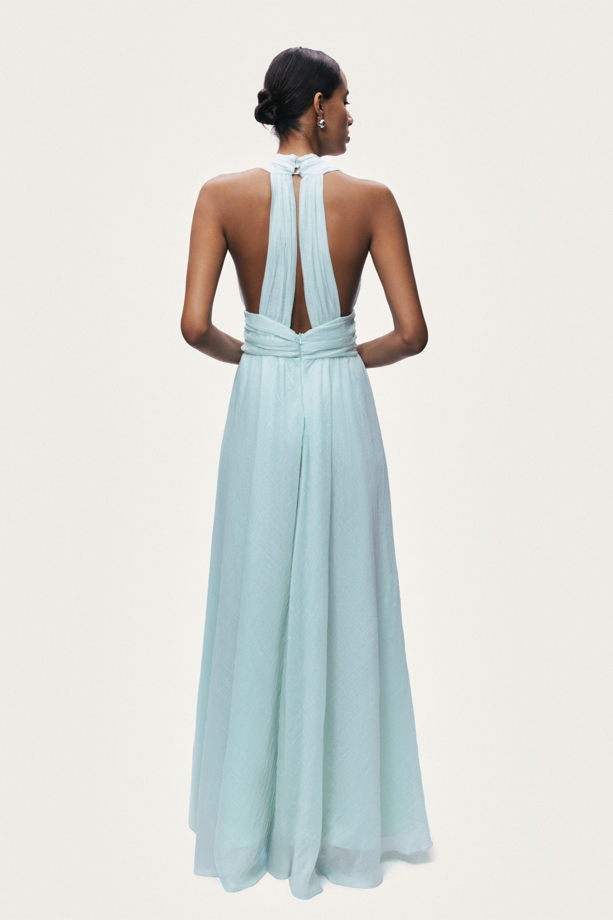 Pleated Halterneck Maxi Dress with Brooch Detail