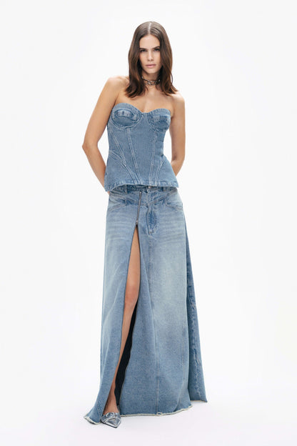 Indigo Sweetheart Neckline Denim Blouse