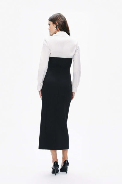 Black and White Shirt Detail Midi Dress