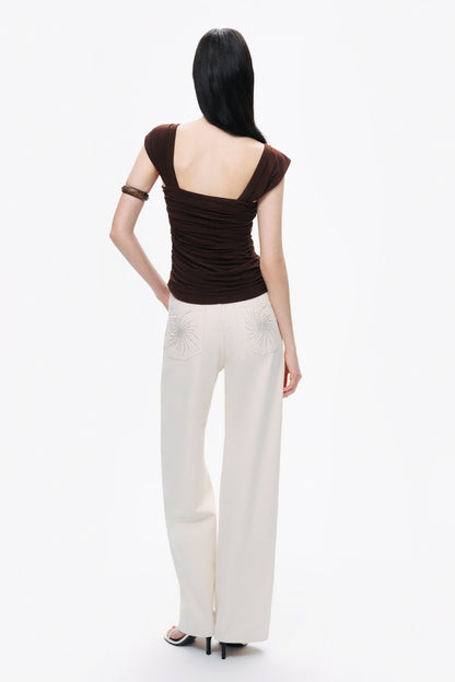 Coffee Thick Strap Draped Detail Blouse
