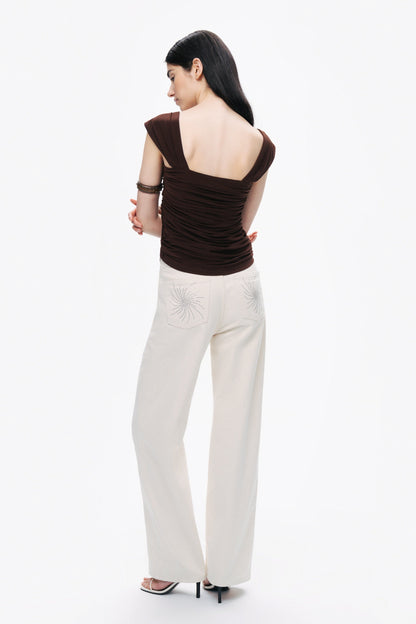 Coffee Thick Strap Draped Detail Blouse