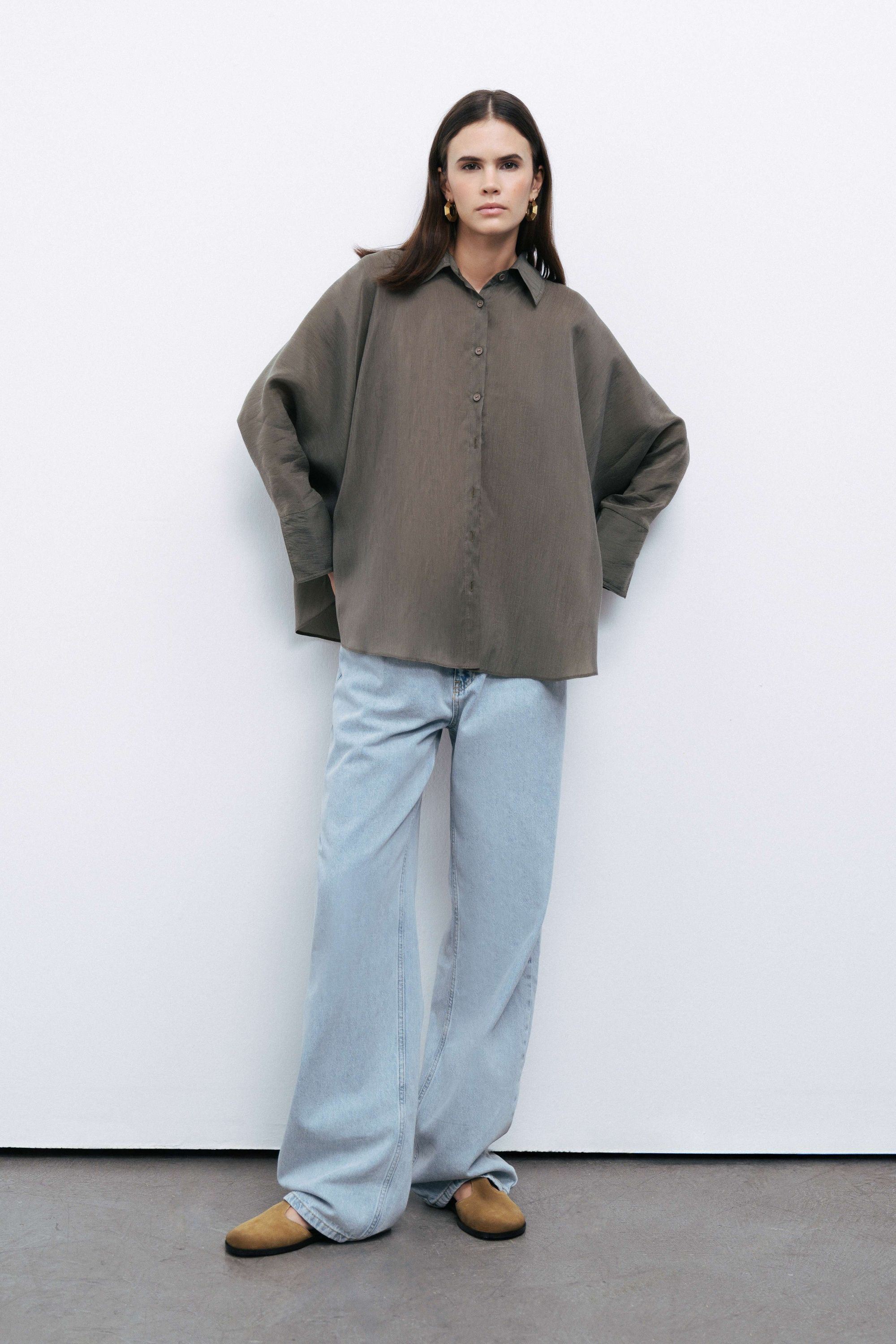 Khaki Embroidered Flowy Shirt