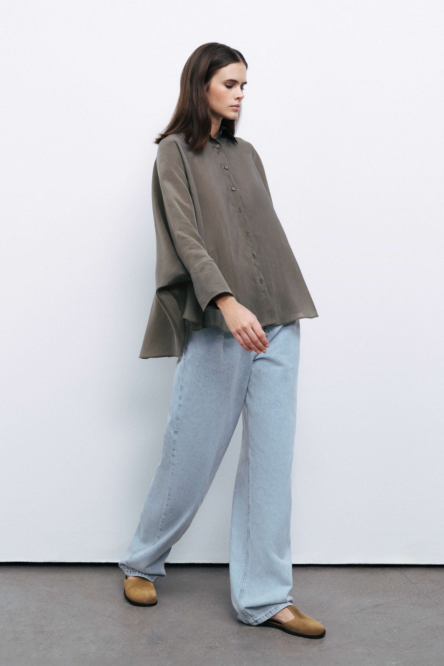 Khaki Embroidered Flowy Shirt