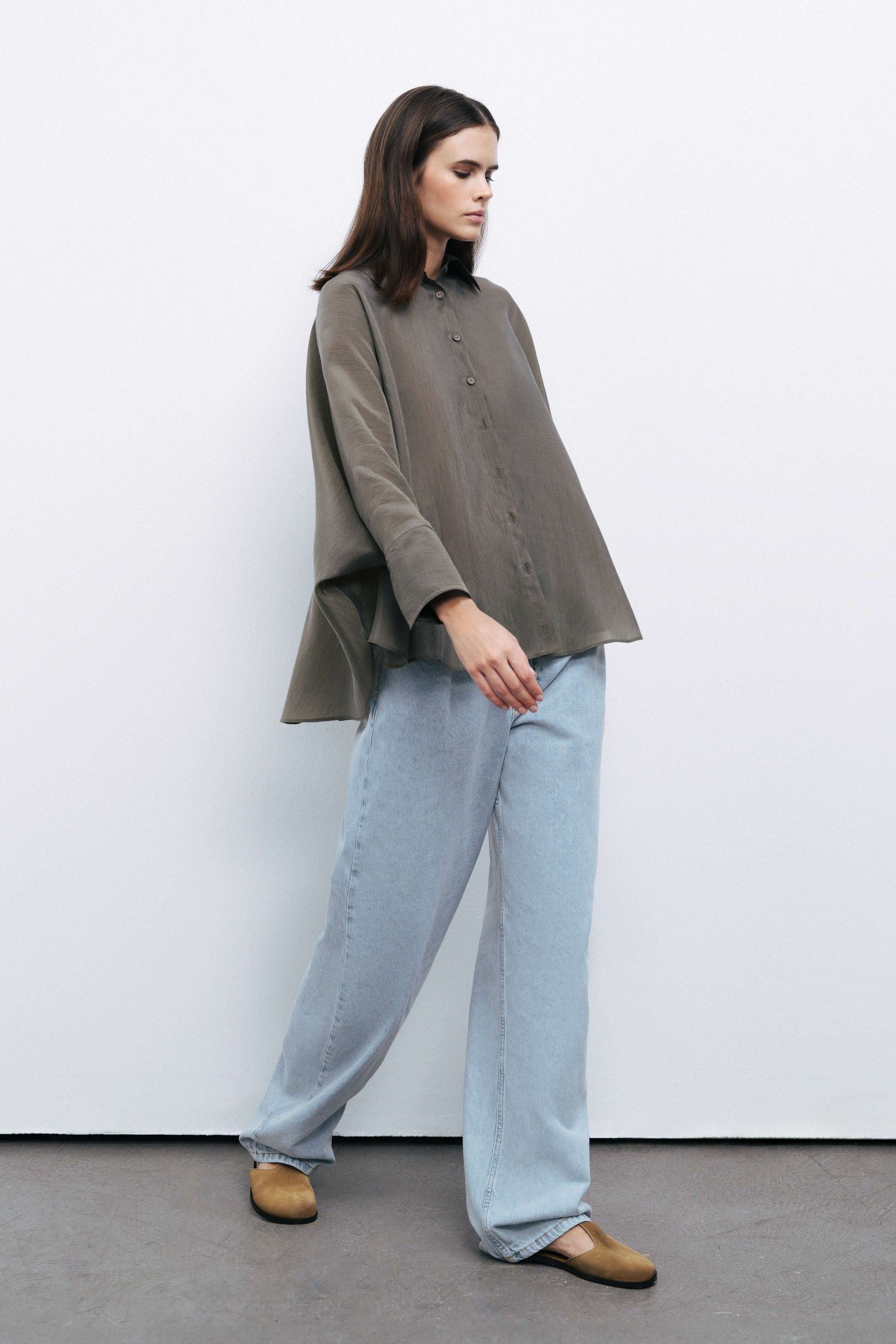 Khaki Embroidered Flowy Shirt