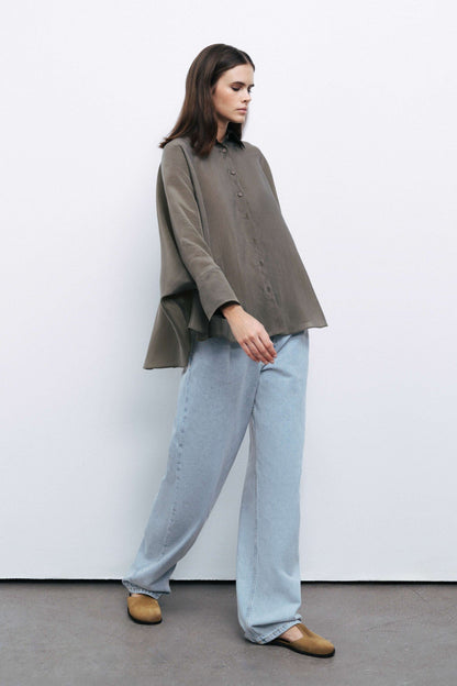 Khaki Embroidered Flowy Shirt