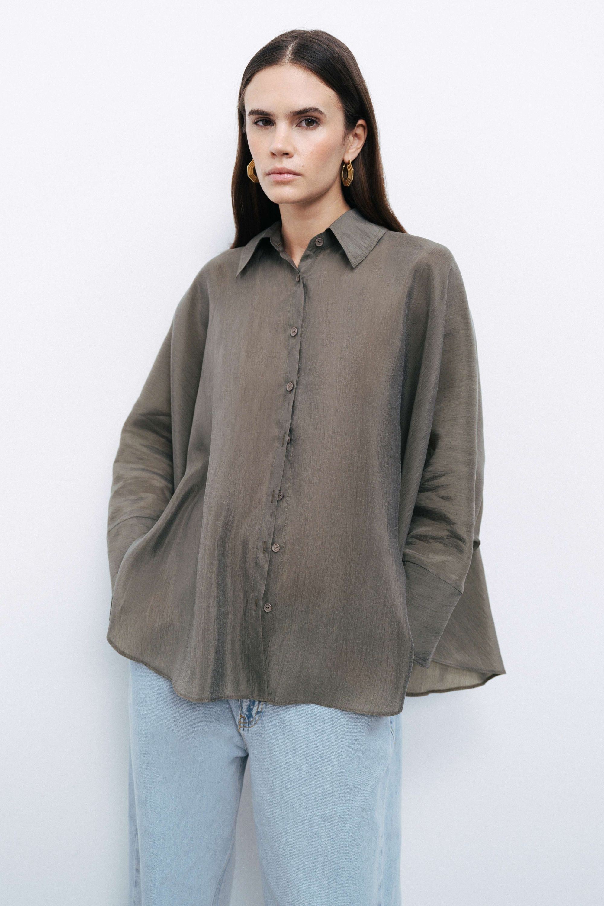 Khaki Embroidered Flowy Shirt