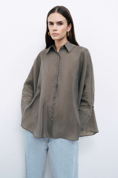 Khaki Embroidered Flowy Shirt