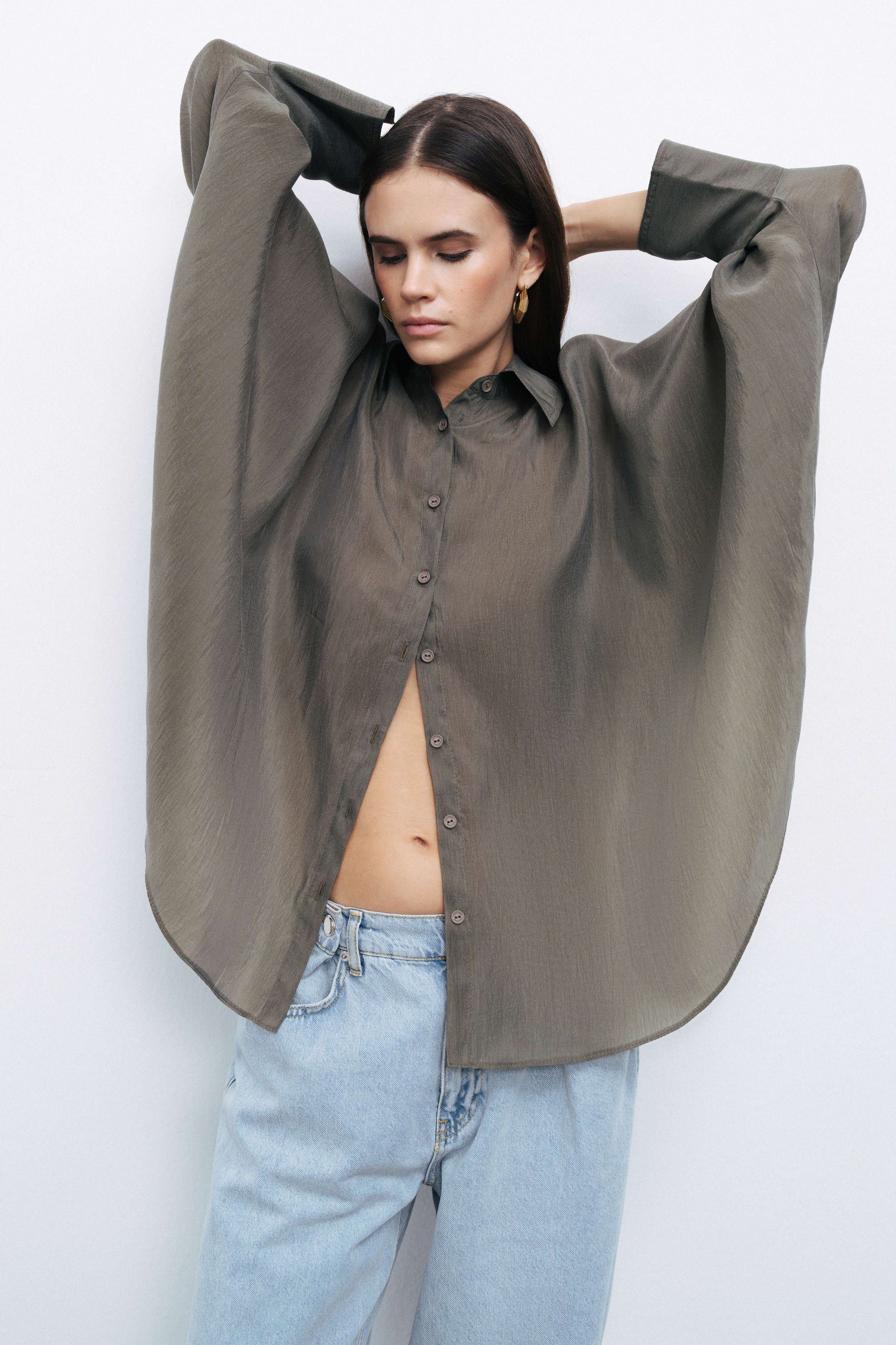 Khaki Embroidered Flowy Shirt
