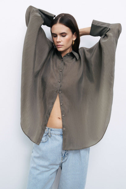 Khaki Embroidered Flowy Shirt