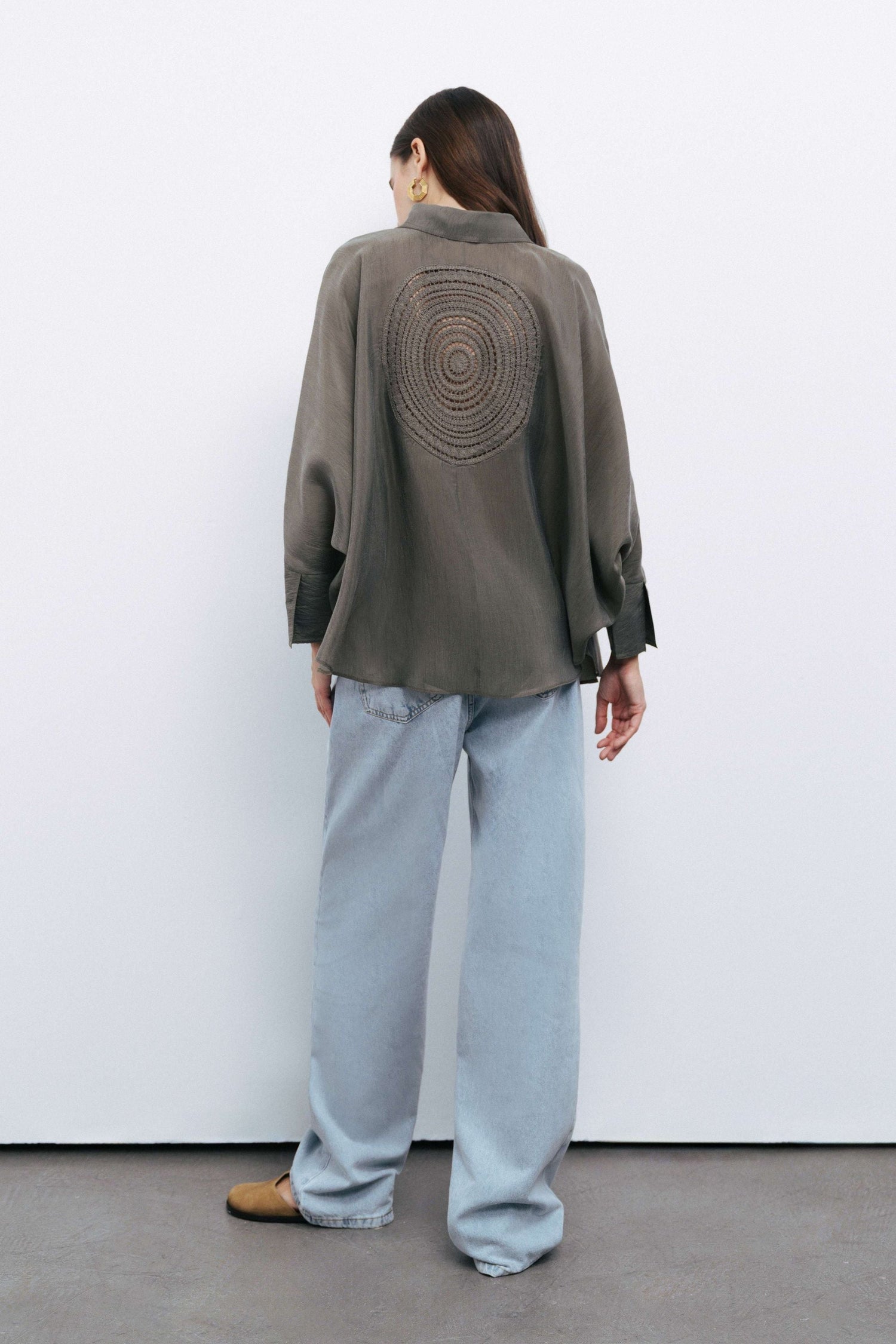Khaki Embroidered Flowy Shirt