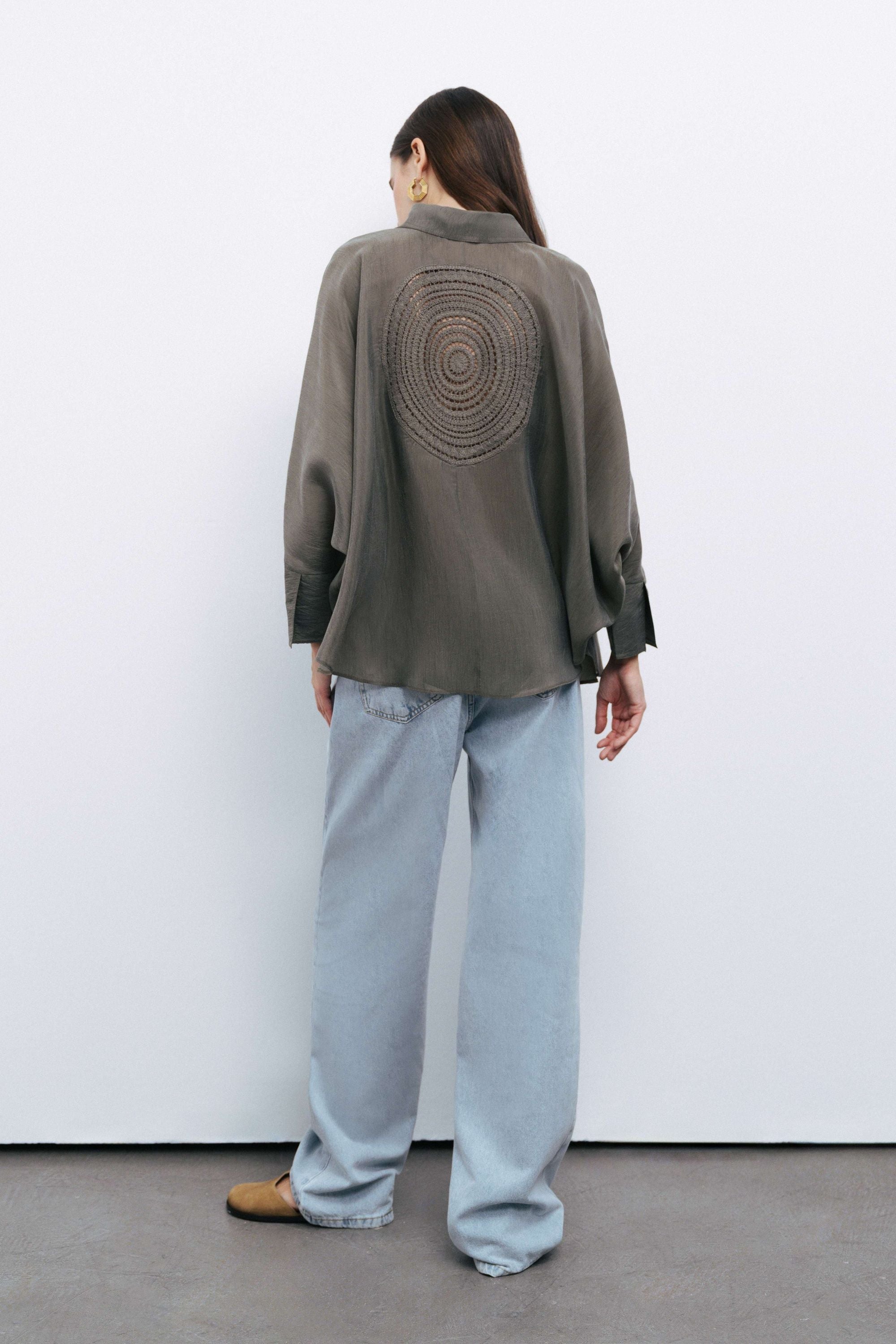 Khaki Embroidered Flowy Shirt