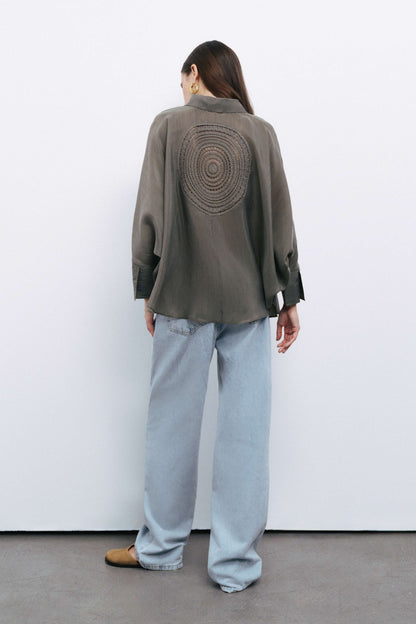Khaki Embroidered Flowy Shirt