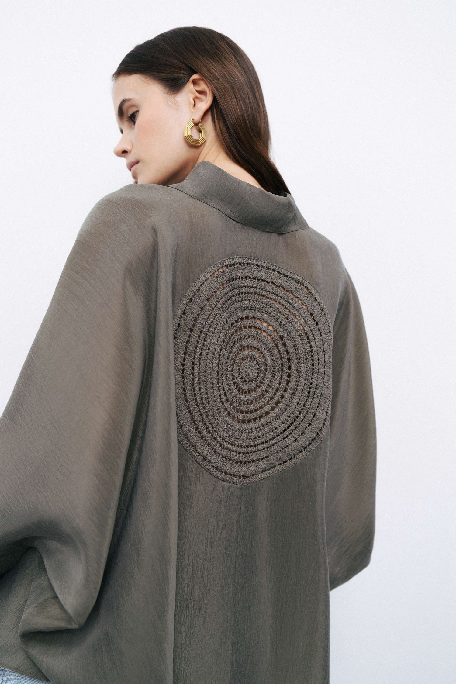 Khaki Embroidered Flowy Shirt