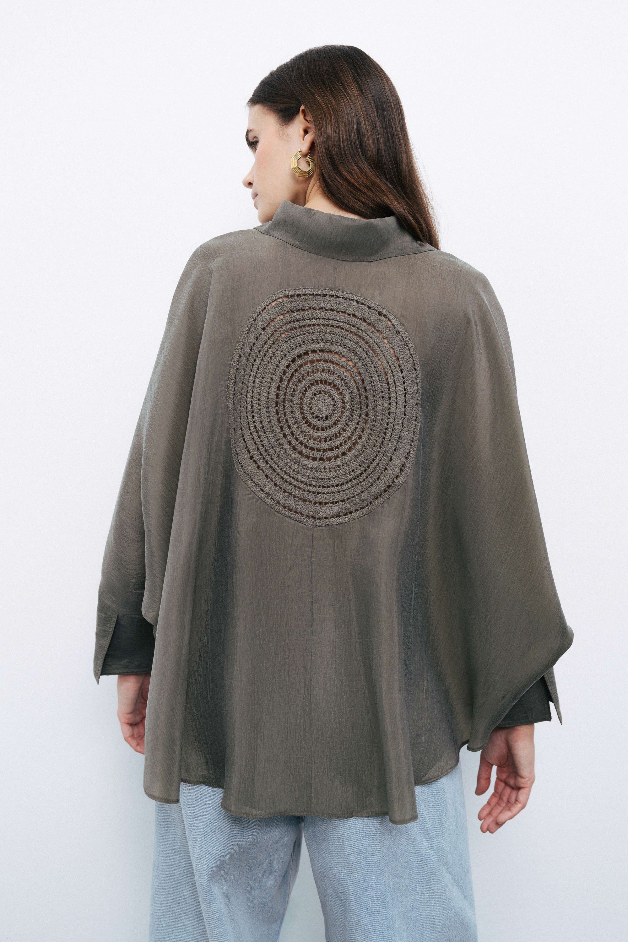 Khaki Embroidered Flowy Shirt