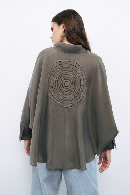 Khaki Embroidered Flowy Shirt