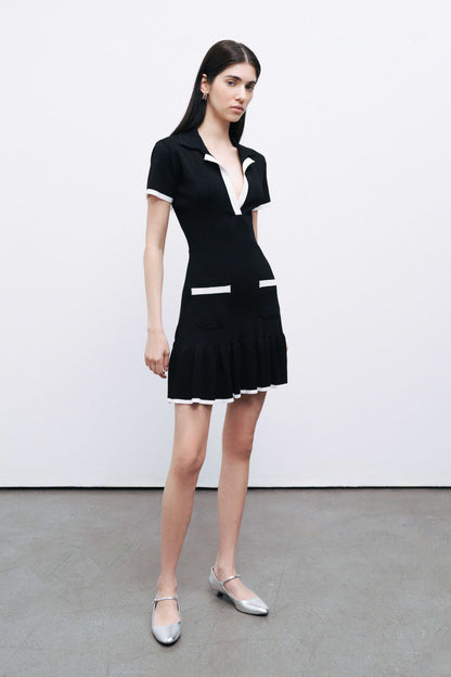 Black Pleated Hem Knit Mini Dress