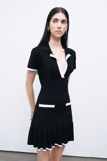 Black Pleated Hem Knit Mini Dress
