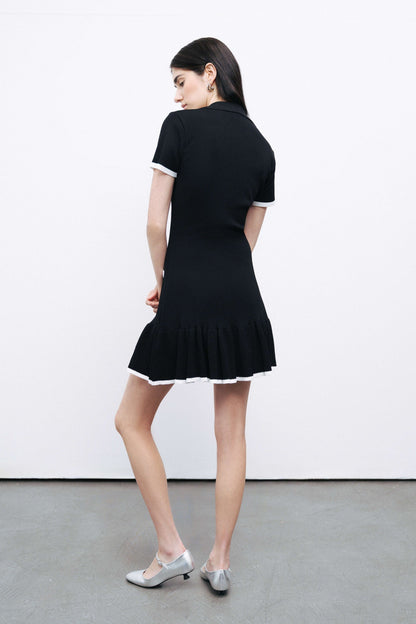 Black Pleated Hem Knit Mini Dress