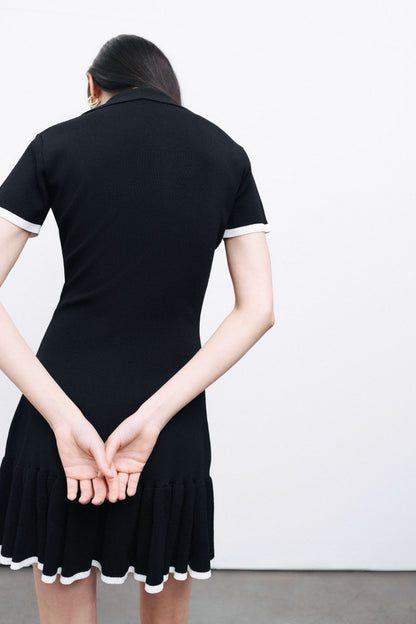 Black Pleated Hem Knit Mini Dress