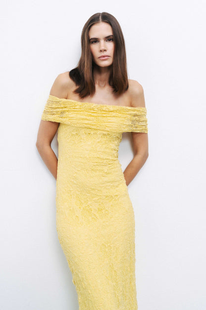Yellow Off-The-Shoulder Lace Detailed Maxi Dress