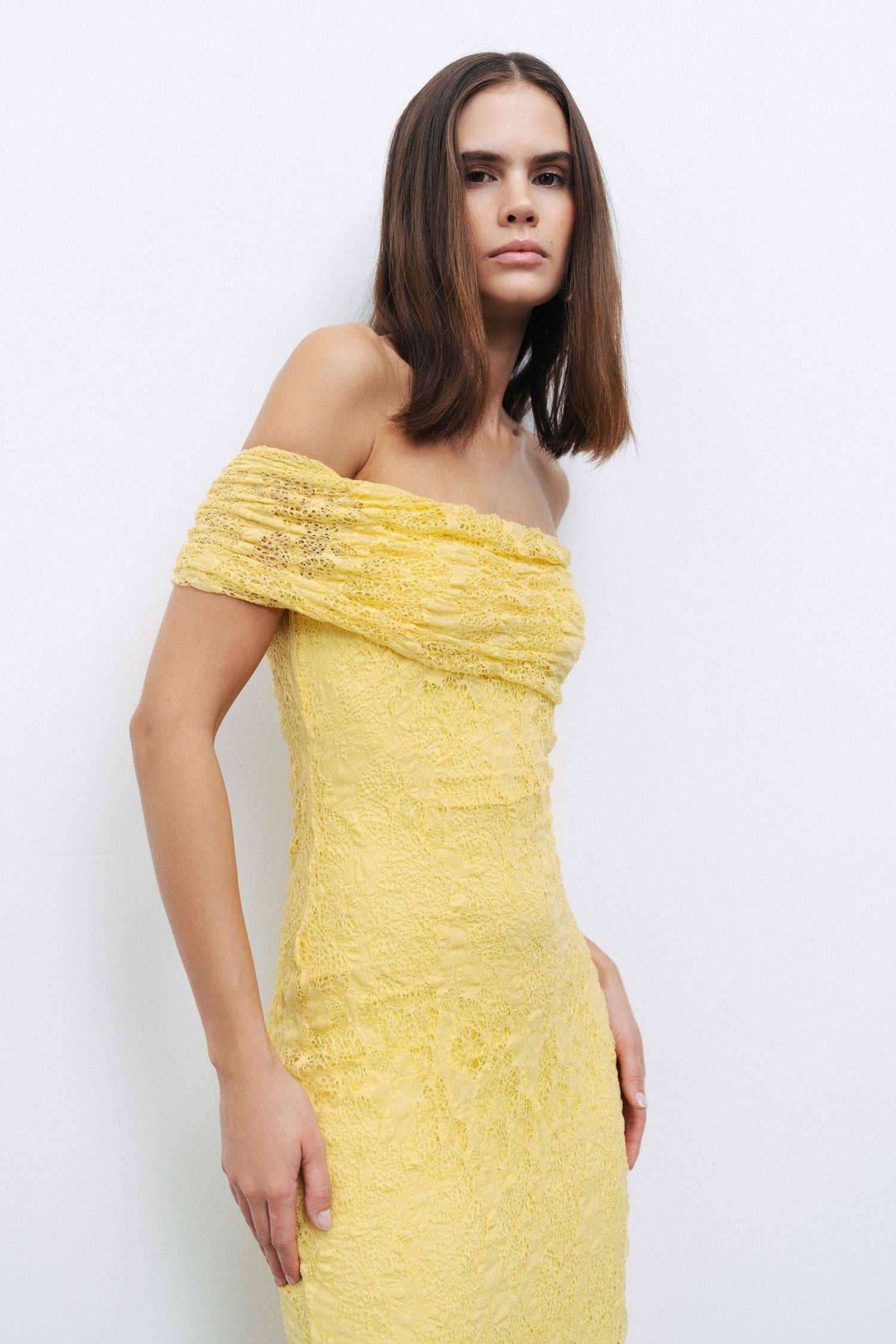Yellow Off-The-Shoulder Lace Detailed Maxi Dress