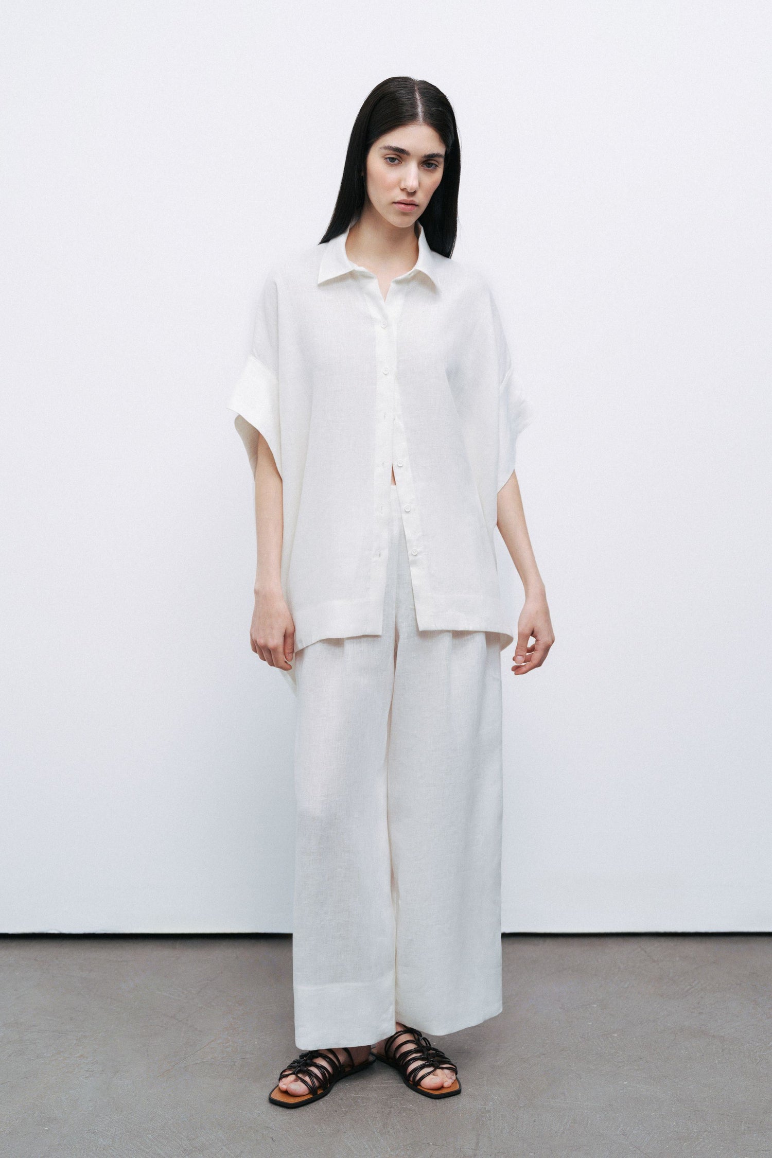 Ecru Linen Double Leg Pants