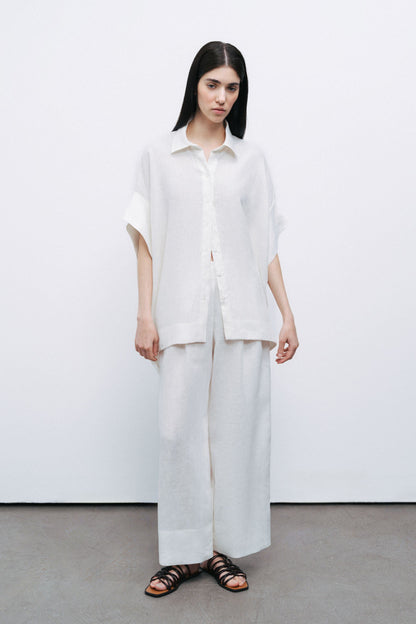 Ecru Linen Double Leg Pants