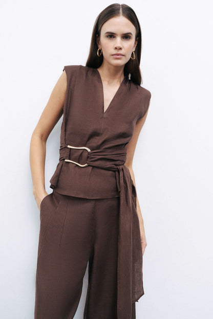 Coffee Linen High Waist Pleated Pants