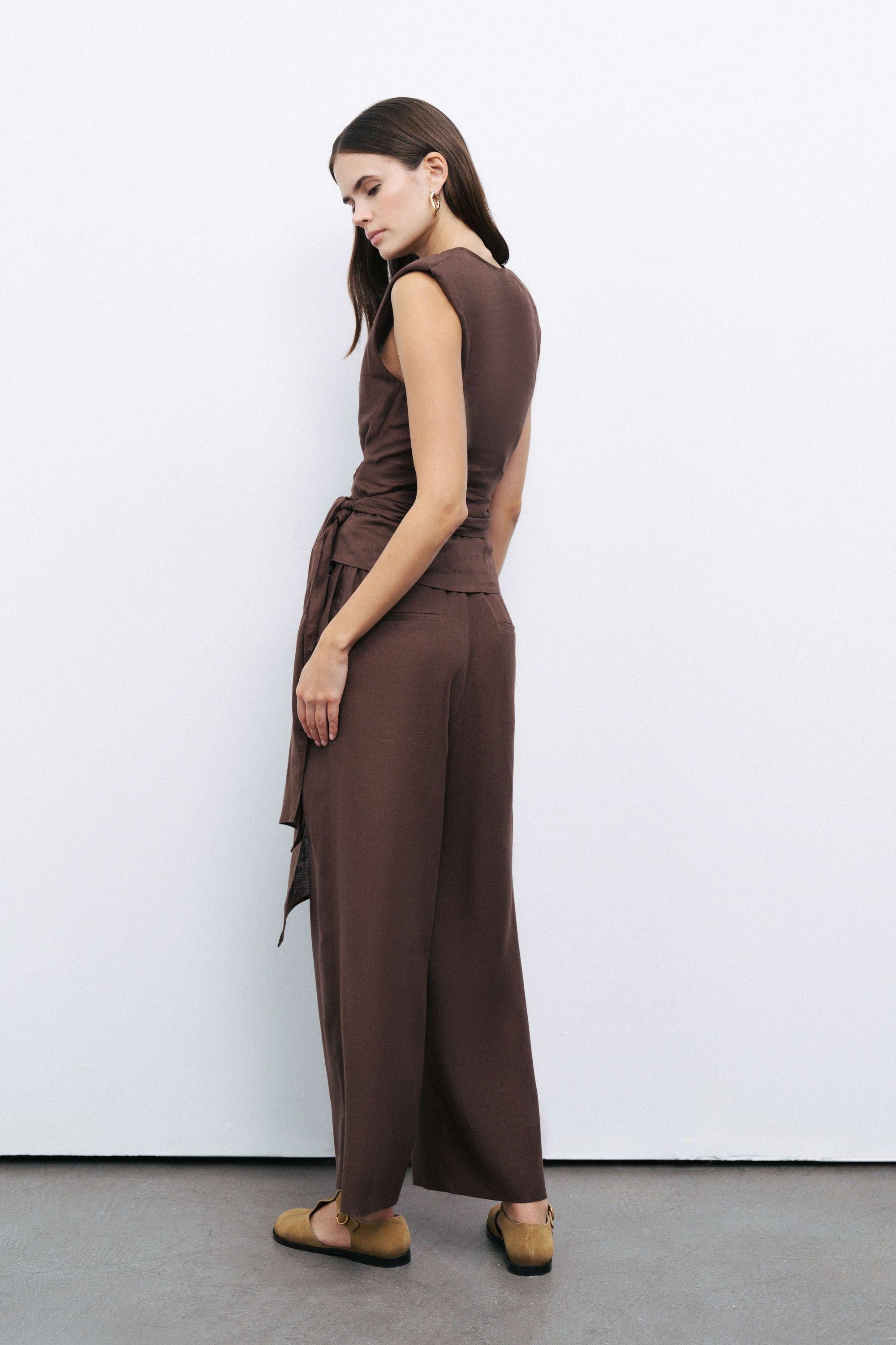 Coffee Linen High Waist Pleated Pants