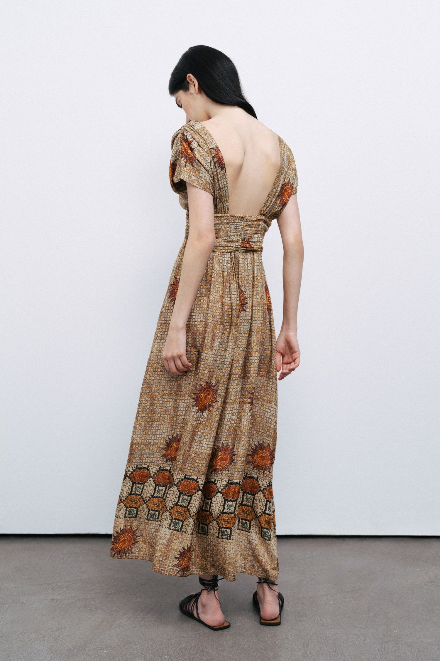 Patterned V-Neck Gathered Maxi Dress