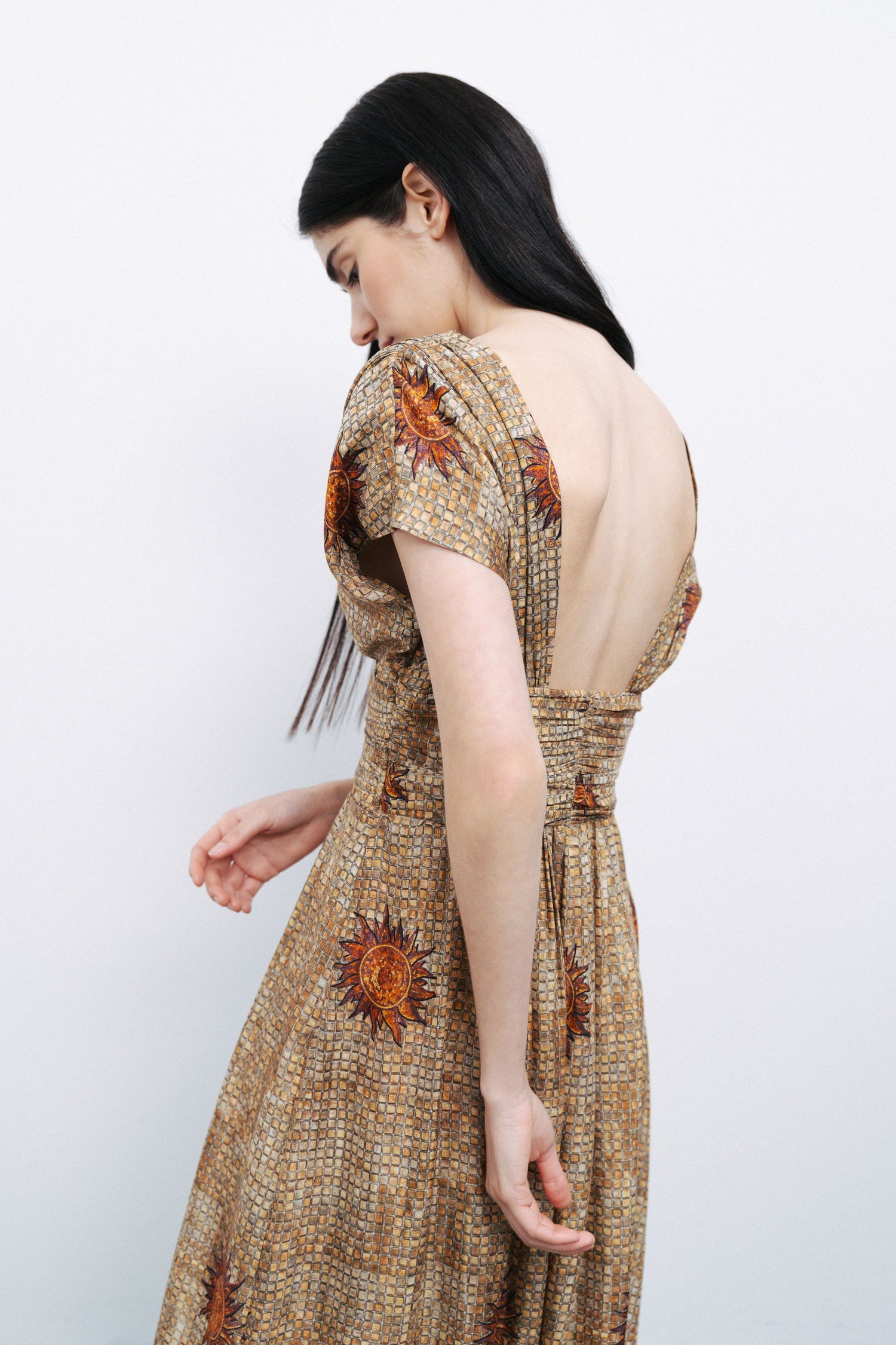 Patterned V-Neck Gathered Maxi Dress