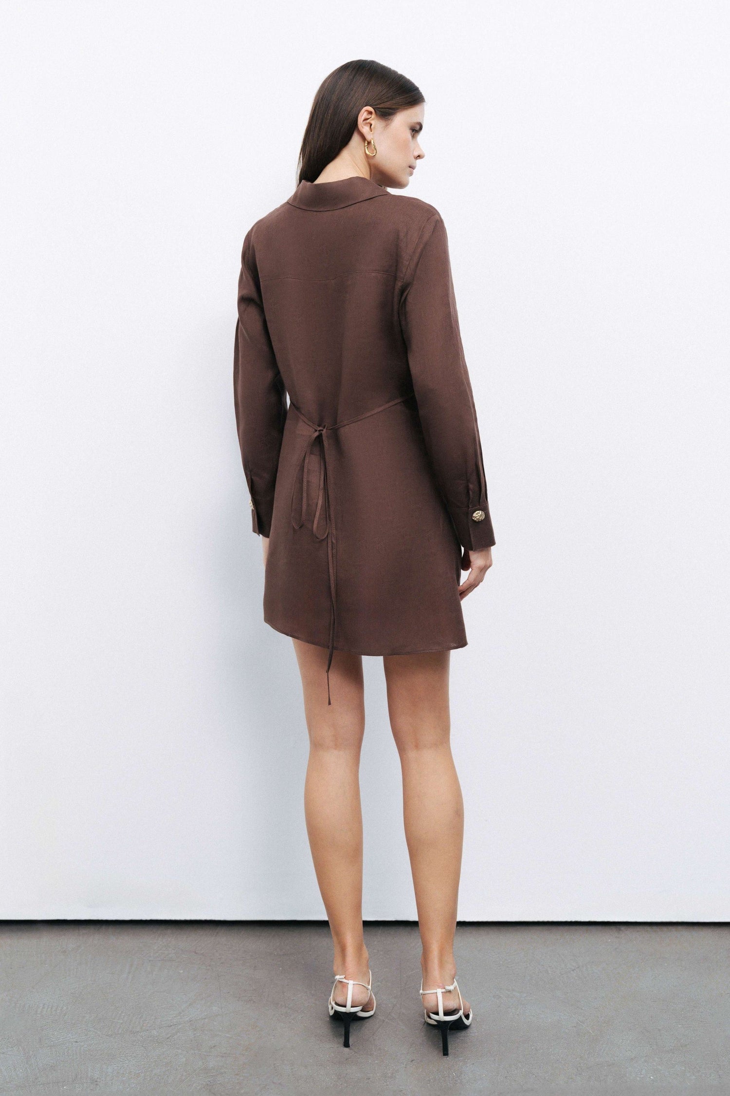 Coffee Linen Mini Dress with Accessory Detail