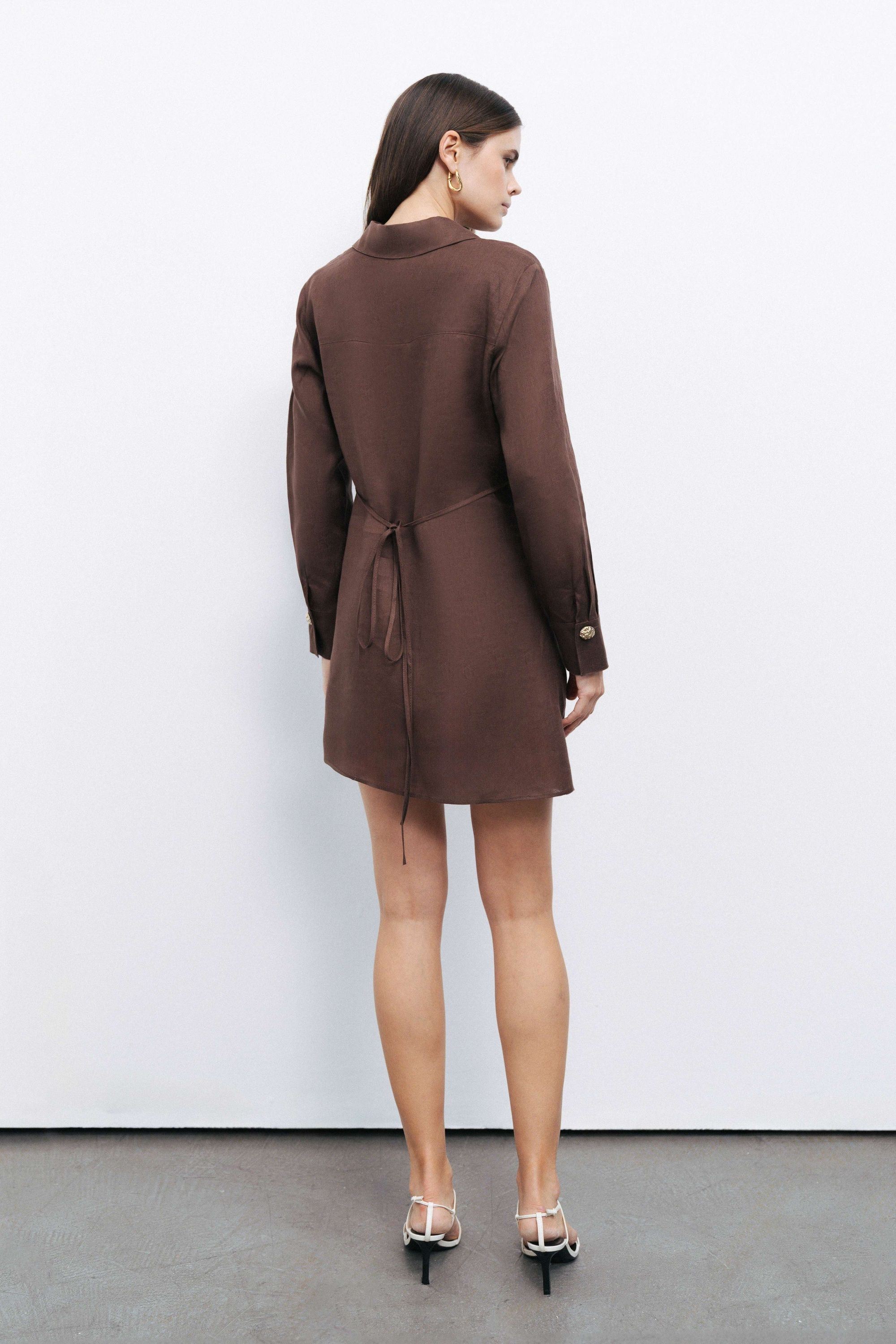 Coffee Linen Mini Dress with Accessory Detail
