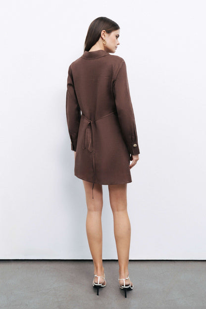 Coffee Linen Mini Dress with Accessory Detail