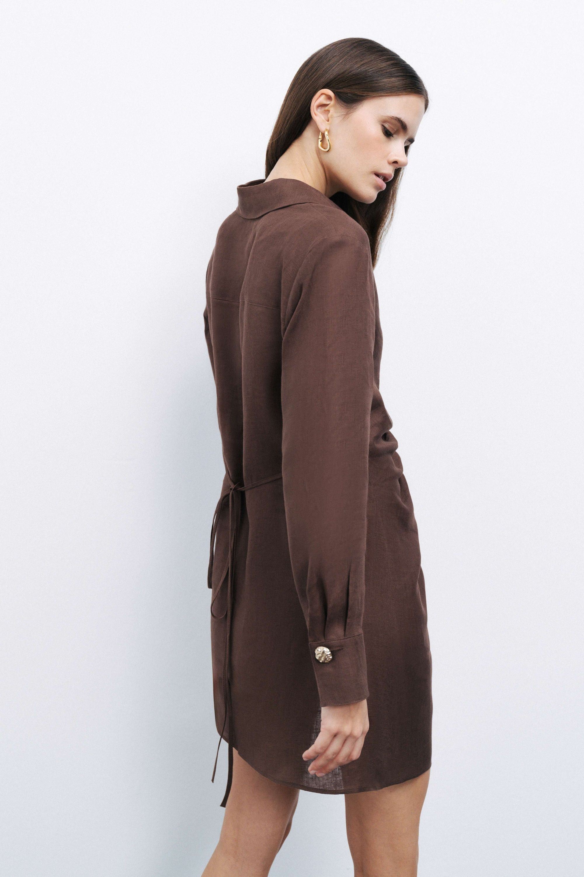Coffee Linen Mini Dress with Accessory Detail