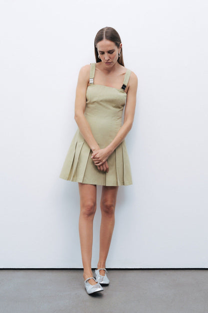 Olive Green Pleated Accesory Detailed Mini Dress