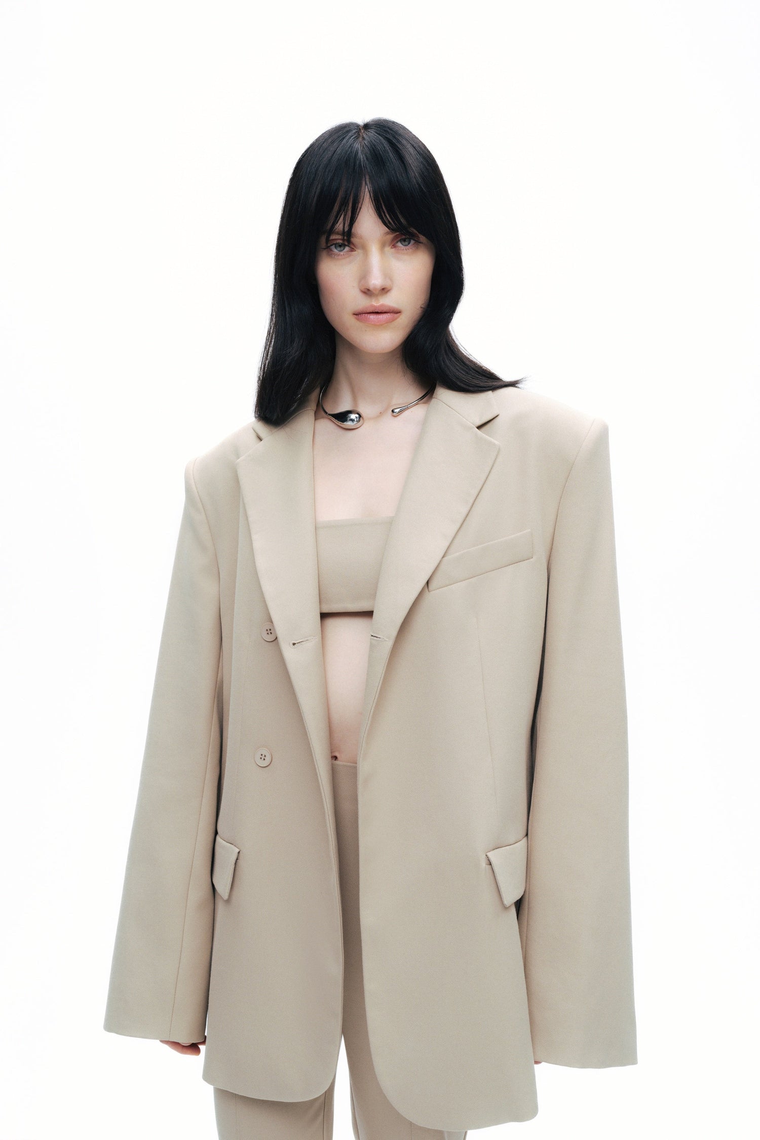 Beige Oversized Padded Blazer Jacket